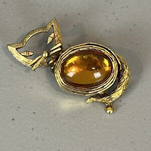 Mid Century Cat Brooch Pin Amber Colored Stone Gold Tone Vintage